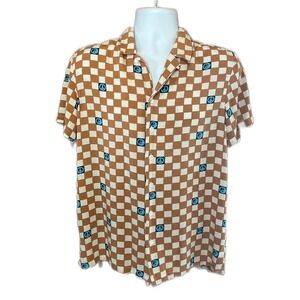PACSUN Peace Yin Yang Checkered Rayon Short-Sleeve Collar Button-Down Shirt S